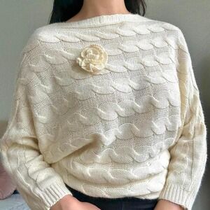 Vintage Cream Knit Sweater with Floral Detail